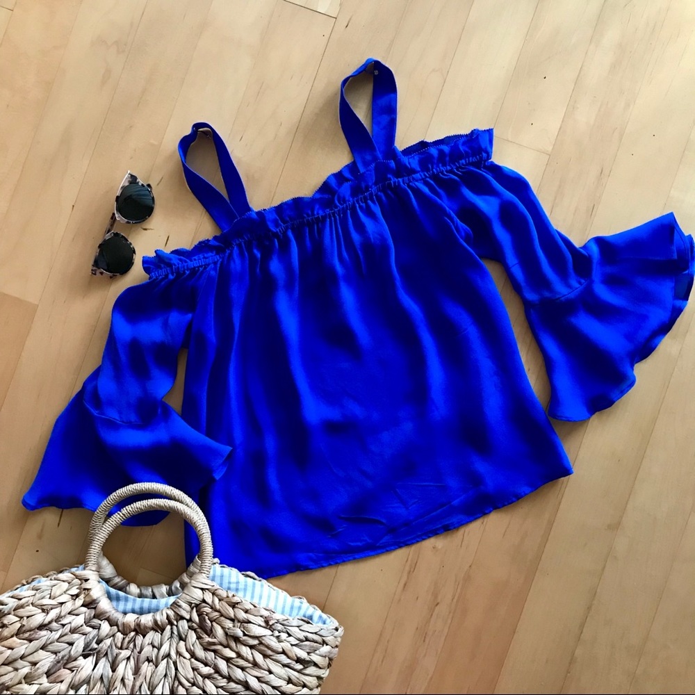 J. Crew Electric Blue Silk Off the Shoulder Blouse